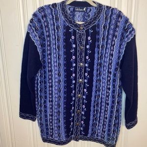 Tulchan M/L 100% Wool cardigan with floral and‎ stripes Navy and pink design.
